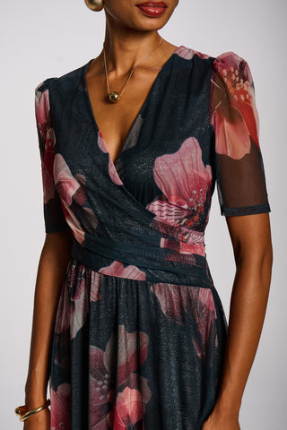 Double Layer Printed Mesh Maxi Dress, Teal Floral