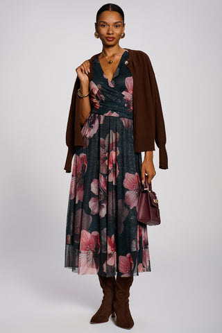 Double Layer Printed Mesh Maxi Dress, Teal Floral
