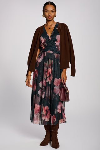 Double Layer Printed Mesh Maxi Dress, Teal Floral