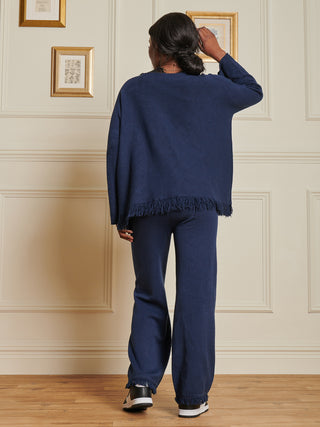Knitted Fringe Detail Trousers, Navy