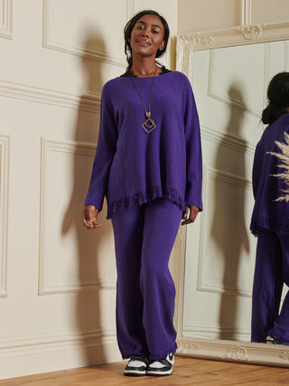 Knitted Fringe Detail Jumper, Purple