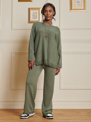 Knitted Fringe Detail Trousers, Soldier Green