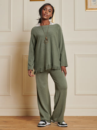 Knitted Fringe Detail Trousers, Soldier Green