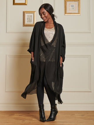 Silk Trim Tunic Maxi Dress, Black