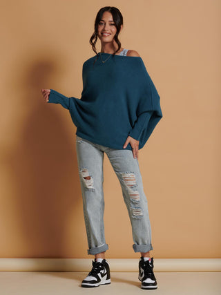 Oversize Asymmetric Knitted Jumper, Petrol Blue