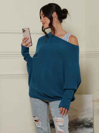 Oversize Asymmetric Knitted Jumper, Petrol Blue