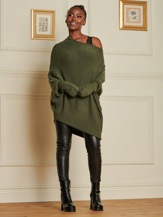 Oversize Asymmetric Knitted Jumper, Soldier Green