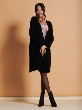 Jolie Moi Longline Soft Knitted Cardigan in Black, Front Shot 1