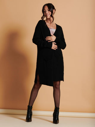 Jolie Moi Longline Soft Knitted Cardigan in Black, Front Shot 4