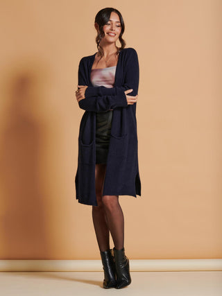 Jolie Moi Longline Soft Knitted Cardigan in Blue, Front Shot 2