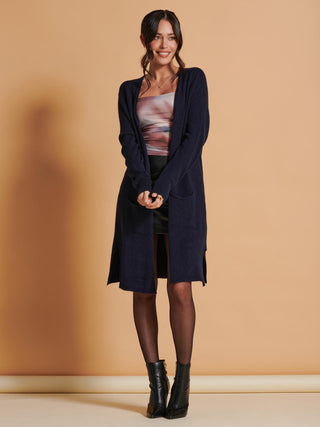 Jolie Moi Longline Soft Knitted Cardigan in Blue, Front Shot 4