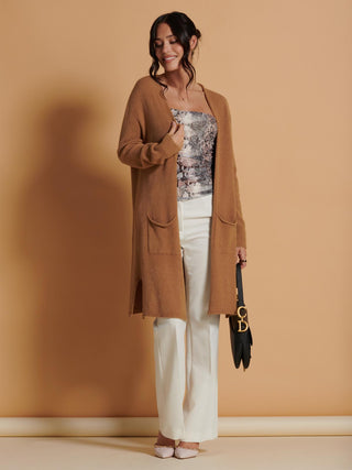 Jolie Moi Longline Soft Knitted Cardigan in Camel, Front Shot 1