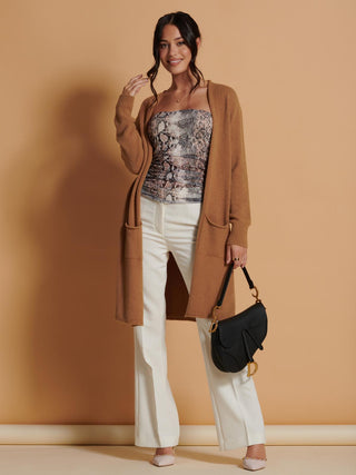 Jolie Moi Longline Soft Knitted Cardigan in Camel, Front Shot