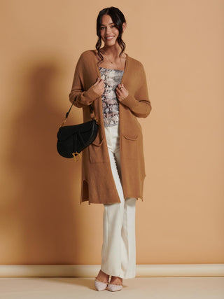 Jolie Moi Longline Soft Knitted Cardigan in Camel, Front Shot 2