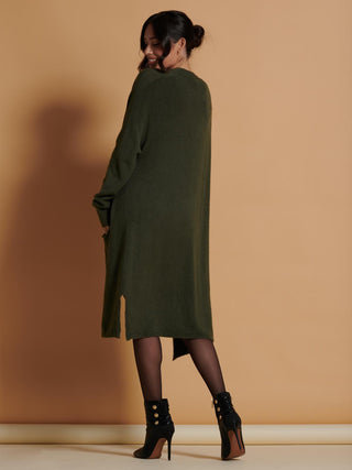 Jolie Moi Longline Soft Knitted Cardigan in Soldier Green, Back Shot