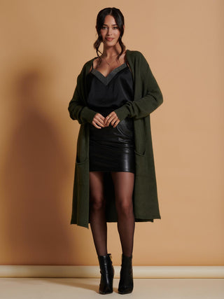 Jolie Moi Longline Soft Knitted Cardigan in Soldier Green, Front Shot 2