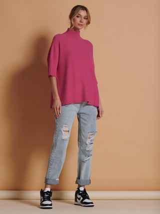 Made in Italy High Neck Half Sleeve Jumper, Hot Pink