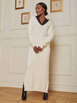 V-Neck Knitted Longline Dress, Beige Heather Jolie Moi Retail V-Neck Knitted Longline Dress, Beige Heather Jolie Moi Retail
