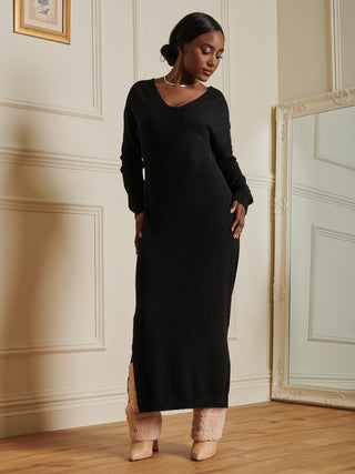 V-Neck Knitted Longline Dress, Black