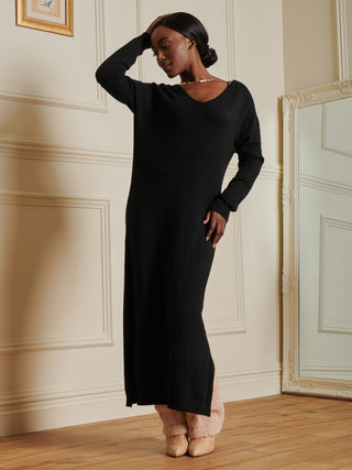 V-Neck Knitted Longline Dress, Black