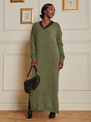 V-Neck Knitted Longline Dress, Soldier Green