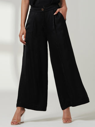 Wide Leg Satin Trousers, Black