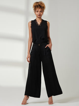 Wide Leg Satin Trousers, Black
