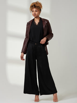 Wide Leg Satin Trousers, Black