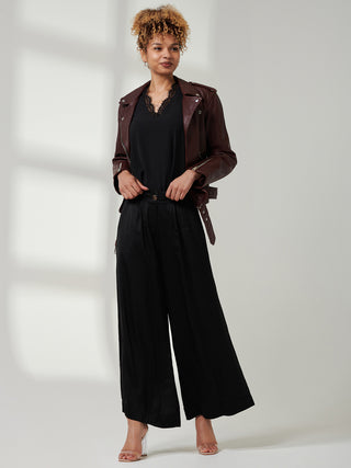 Wide Leg Satin Trousers, Black