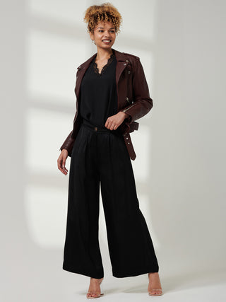 Wide Leg Satin Trousers, Black