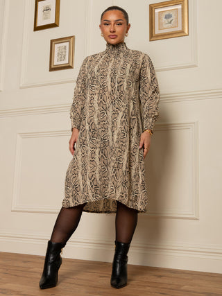 HIGH NECK PRINTED LOOSE FITTING DRESS, Taupe Multi