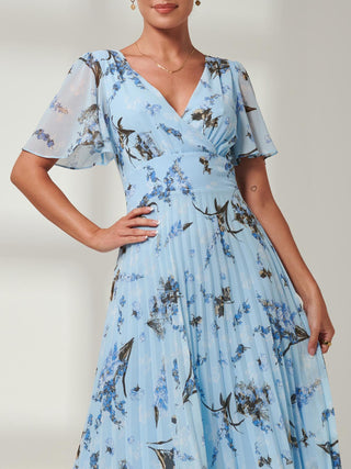 Vanya Wrap V-Neck Chiffon Maxi Dress, Blue, Short Angel Sleeves, Close Up Image
