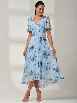 Vanya Wrap V-Neck Chiffon Maxi Dress, Blue, Short Angel Sleeves, Pleated high-low hemline detail Image