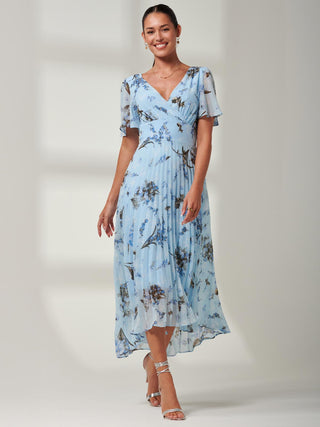 Vanya Wrap V-Neck Chiffon Maxi Dress, Blue, Short Angel Sleeves, Floral Pattern dress, Front Image