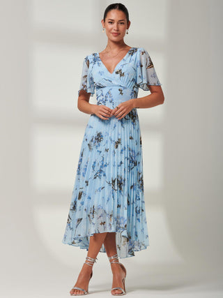Vanya Wrap V-Neck Chiffon Maxi Dress, Elegant Style, Blue, Short Angel Sleeves, Front Image