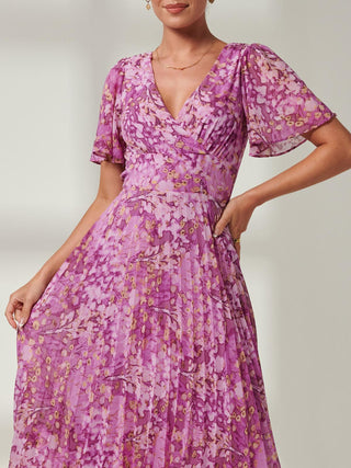 Vanya Wrap V-Neck Chiffon Maxi Dress, Purple , Short Cap Sleeves, Close Up Image