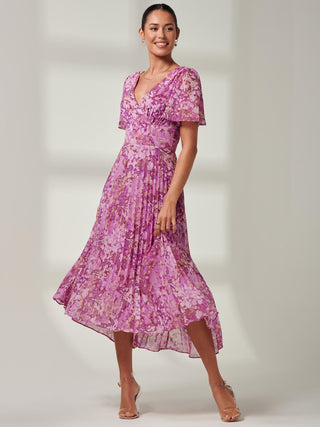 Vanya Wrap V-Neck Chiffon Maxi Dress, Purple , Short Cap Sleeves, Right Side Image