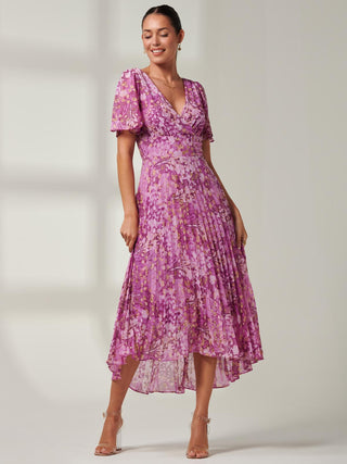 Vanya Wrap V-Neck Chiffon Maxi Dress, Purple , Short Cap Sleeves, Left Side Image