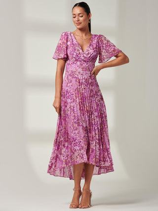 Vanya Wrap V-Neck Chiffon Maxi Dress, Purple , Short Cap Sleeves, Pleated high-low hemline Image