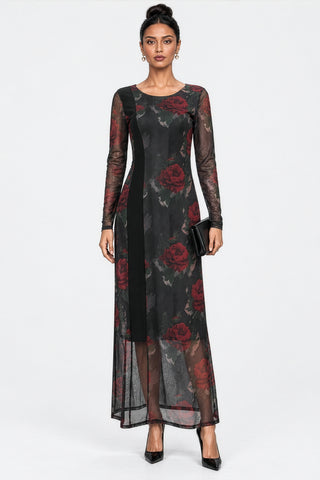Floral Print Panel Insert Mesh Maxi Dress, Black Red Floral
