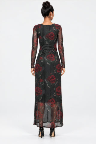 Floral Print Panel Insert Mesh Maxi Dress, Black Red Floral