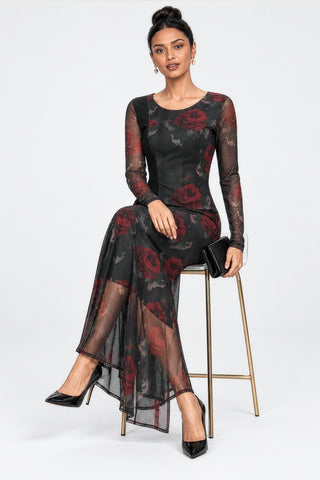 Floral Print Panel Insert Mesh Maxi Dress, Black Red Floral