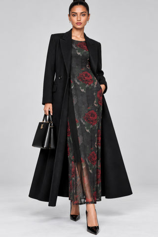 Floral Print Panel Insert Mesh Maxi Dress, Black Red Floral