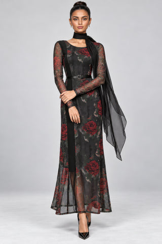Floral Print Panel Insert Mesh Maxi Dress, Black Red Floral