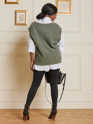 Knitted V-Neck Jumper Vest, Soldier Green