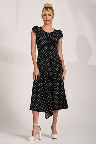 Lap Over Short Sleeve Jersey Dress, Black Spot