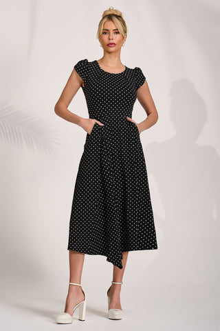 Lap Over Short Sleeve Jersey Dress, Black Spot