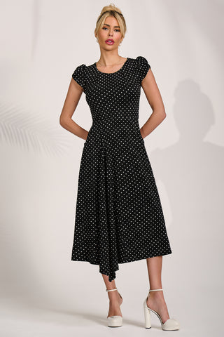 Lap Over Short Sleeve Jersey Dress, Black Spot