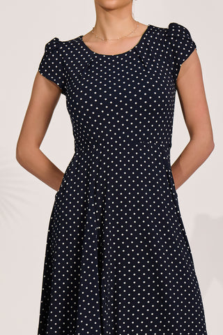 Lap Over Short Sleeve Jersey Dress, Navy Spot