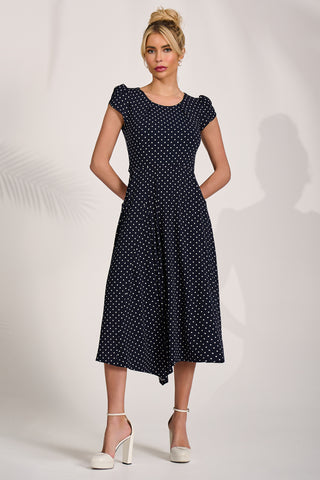 Lap Over Short Sleeve Jersey Dress, Navy Spot